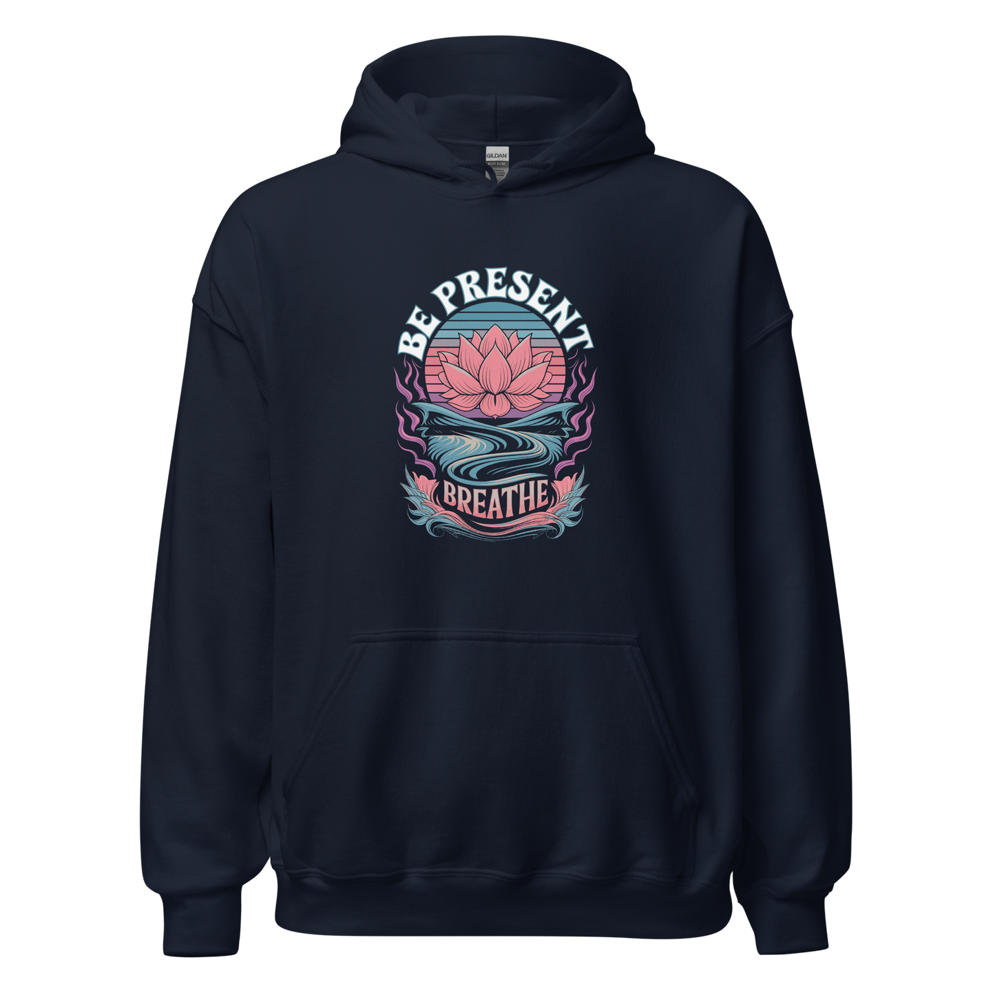 Navy blue hoodie with "Be Present Breathe" lotus flower graphic design