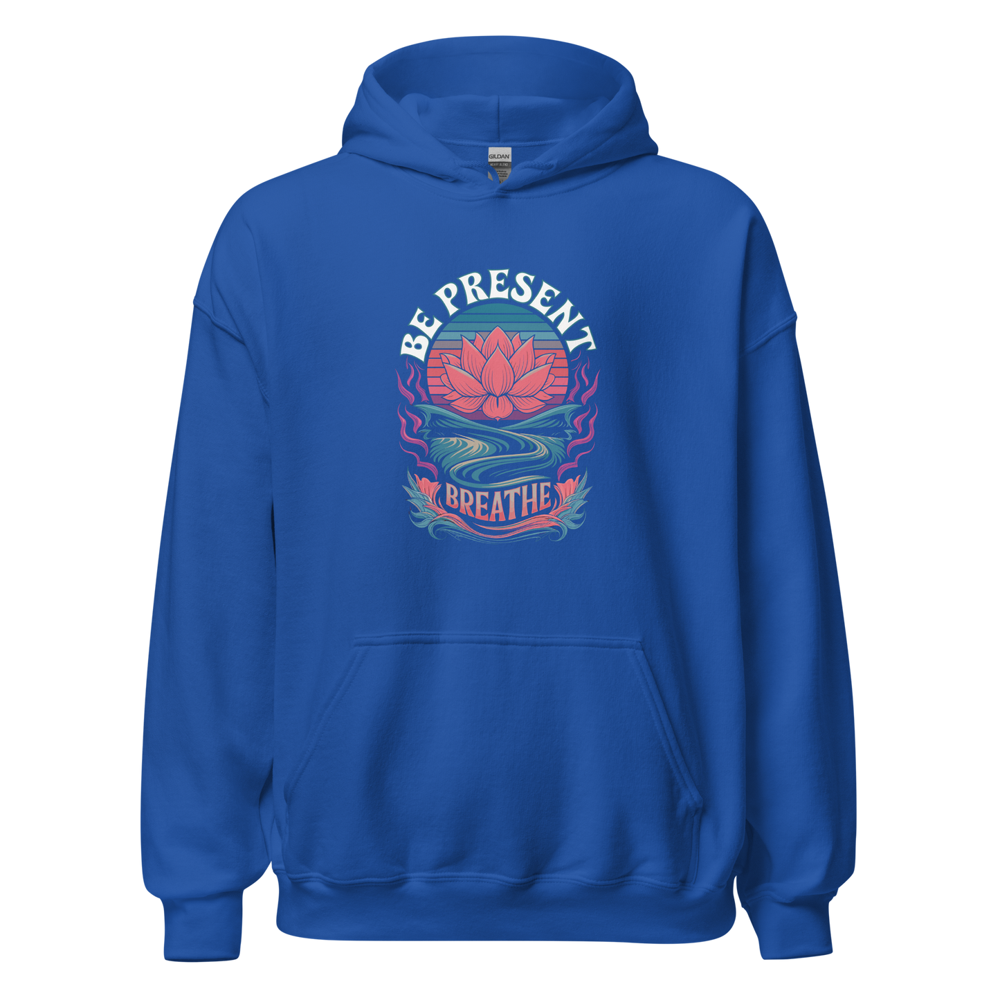 Blue hoodie with "Be Present Breathe" text and lotus flower design on the front.